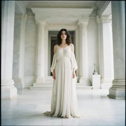 a full body portrait of a woman wearing an billowing dress, inside a white marble temple, in the style of irakli nadar, soft lighting, film photography