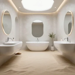 a futuristic bathroom with a sand floor