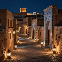 winding street at midnight in a very old very beautiful city in Saudi Arabia with mud houses by George Price Boyce and Nicholas Roerich and William Dyce, glowing glass lanterns, strong dramatic cinematic lighting , ornate tiled architecture, lost civilizations, smooth, sharp focus, extremely detailed