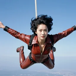 ektachrome, telephoto, highly detailed : incredibly realistic, youthful asian demure parachuting in the sky, exquisite features, feminine cut, photo 1 9 7 0 s frontiers in flight leather suit cosplay fashion, boris vallejo, terry richardson