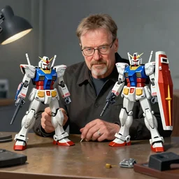 hyper - realistic illustration of walter white building a gundam model kit, wide shot