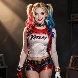 attractive Elizabeth Olsen as Harley Quinn, hourglass slim figure, full body shot close up, seductive smile, details, sharp focus, illustration, by Jordan Grimmer and greg rutkowski, Trending artstation, pixiv, digital Art