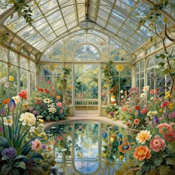 a beautifull intricate greenhouse with many flowers, reflexions, high details by william turner art, greg rutkowski and alphonse mucha, trending on artstation, very very detailed, masterpiece,