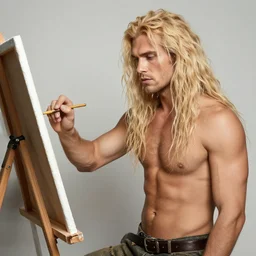 a sexy blonde neanderthal man painting