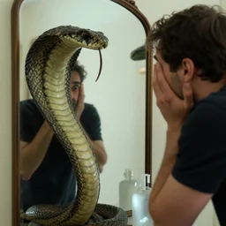 a man panics, looking at reflection, mirror, cobra dimension