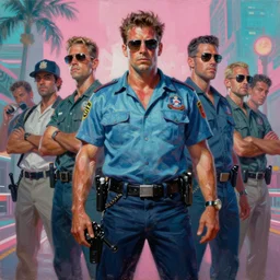 an oil painting of miami vice, ultra realistic, highly detailed, brushstrokes, masterpiece, cinematic by frank frazetta, greg rutkowski, beeple, yoko taro, christian macnevin, beeple, wlop, krenz cushart, cgsociety, epic fantasy character art, volumetric lighting, pink and teal
