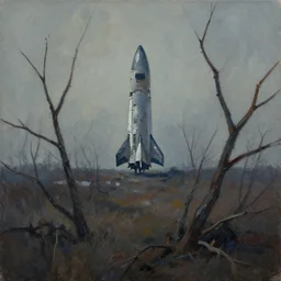 Dead spindly branches surround a distant abandoned rocket ship. Impasto gouache painting, moody wilderness.