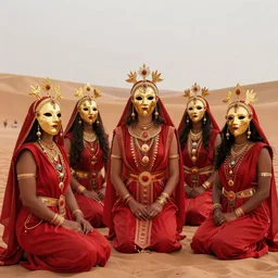 a group of esoteric cult members in the desert, by Cinestill 800t trending on Flickr, wear red tunics and a golden mask and jewels
