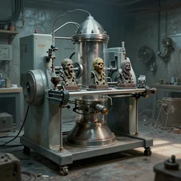 airbrushed removal machine in underground vacuum lab, dying molds by wayne d barlowe, geof darrow, alex ross, basil gogos, philippe druillet, fine art masterpiece baked at 3 0 0 f, matte painting, cold lighting, aged with sunlight, award winning horror, photorealistic render, cinematic