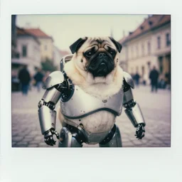 oversized pug as cyborg war, in legnica, noon, cinematic focus, polaroid photo, vintage, neutral dull colors, soft lights,, by gregory crewdson