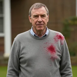 Mr Rodgers in a bloodstained sweater