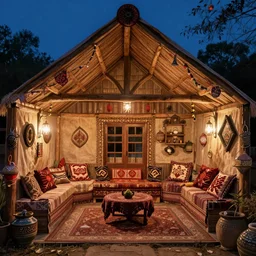 inside of a beautifully decorated gypsy style home, in the evening, featured on artstation, cgsociety