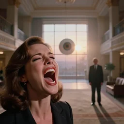 photorealistic close up shot cinematography of a beautiful woman screaming with twilight zone host rod serling far away in and a giant floating eyeball in the forground the background shot on film at magic hour with the sun shining into a large 6 0's hotel lobby room filled with volumetric haze by the shining cinematographer john alcott on a cooke panchro 1 8 mm lens.