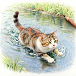 Colored pencil art on paper, Cat swimming in the river, highly detailed, artstation, MasterPiece, Award-Winning, Caran d'Ache Luminance