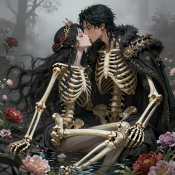 stunning anime goddess part skeleton of the floral river flowers, kissing her king in a dark romance, misty, by cgsociety, in the style of charlie bowater, tom bagshaw, intricate, beautiful, artstation 8 k, high resolution