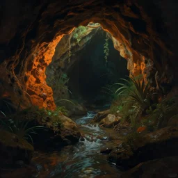 inside of a dark cave, small water stream, dim light from orange minerals, some vegetation, fantasy, art by greg rutkowski