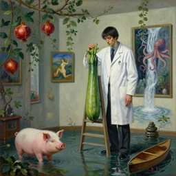 painting of a flooded artist's apartment and a tall emo pathologist, a courgette - ladder, a pig, paintings on the wall, pomegranates, vines, waterfall, octopus, canoe, berries, zen, sensual, surrealist painting by magritte and rousseau and monet