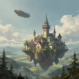 low fantasy, landscape an floating town in the sky and an sky - ship flying towards it andreas rocha