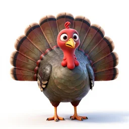 tiny turkey, stylized pixar-style 3d render, full body, isolated on a pure white background, centered, entire subject in frame, sharp focus, soft studio lighting