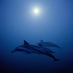 huge pod of dolphins spotted off laguna beach in california, soft moon light, fog, fuzzy iridescent glare, deep blue mood, lush fog, deep blue mood, contemporary archival color photograph print from the original negative, by stanley kubrick