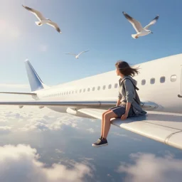photorealistic very wide shot of a girl sitting on the wing of a flying passenger airplane, side view, very windy, sunny morning light, flying seagulls, hdr, volumetric lighting, intricate details, detailed digital artstation concept by noriyoshi ohrai and krenz cushart and john william waterhouse, unreal engine, octane render