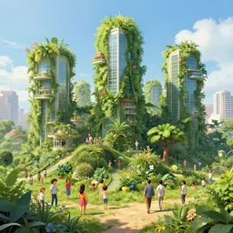 plant - draped futurist renewable city. joyful and sunny, filled with happy people living in harmony with nature. concept art by ralph mcquarrie
