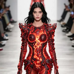 olivia wearing an outfit made of glowing red hot lava, runway model at new york fashion week, black hair, freckles, pale skin, half body shot, photo by greg rutkowski, bright lighting, soft colors, female beauty, intricate detail, elegance, sharp shapes, 3 5 mm, depth of field, masterpiece