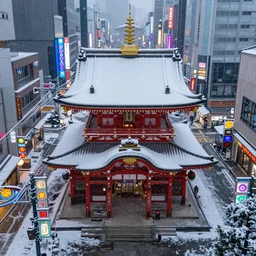 a Japanese cyberpunk shrine, snowing, photograph,, sharp focus, intricate detail, drone shot, high resolution, 8k, neon streetlights, wires hanging down everywhere, Japan, colourful,,