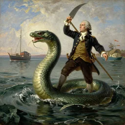 Washington crossing the Delaware on the back of a sea serpent, oil on canvas, 1883