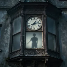 detailed photograph of intricate old clock tower shadow figure standing in bay windows abandoned spooky misty ominous well defined