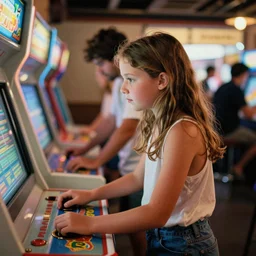 Home video footage, A girl playing in game arcade, summer. Color VHS picture quality with mixed noise, Filmed by dad.