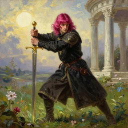 medieval noble male with magenta hair and pink bangs which partly cover his face, full body view, wielding a golden sword, dramatic pose, blood on his face, photorealistic oil painting in medieval style, sun in the sky, bloom, green grassy land and white marble columns in the background