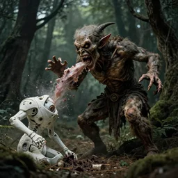 An epic photo of an ancient terrifying Il Gabibbo in dark forest, consuming and eating and destroying a futuristic.   by Diane Arbus and Louis Daguerre. highly detailed. 85mm, Bokeh