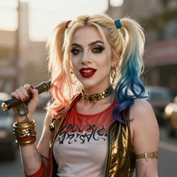 lady gaga is harley quinn, volumetric lighting, beautiful, golden hour, sharp focus, ultra detailed, octane