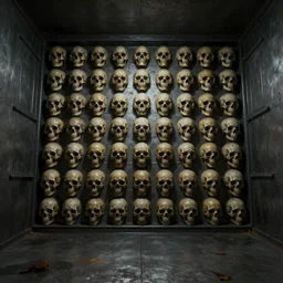 creepy cinematic low angle shot of a realistically rendered metal room and a wall of skulls, matte painting, illustration, dramatic lighting, moody lighting, dark colors, golden ratio, rule of thirds, environmental design, cinematic perspective, 8 k, realistic lighting, realistic shading, octane render, in the style of lawrence g paull set design