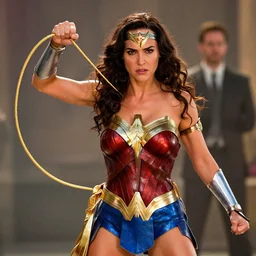 Angry Gal Gadot, dressed as Wonder Woman, lassos Joss Whedon with her magical golden lariat of truth. Photorealistic