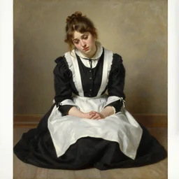 painting by Edmund Blair Leighton of a beautiful barmaid sitting on the floor,  looking sad, detailed face