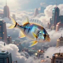 hyperrealistic very detailed sloane’s viperfish swimming through puffy clouds above dystopian city digital painting concept art salvador dali alex grey cinematic soft glow lighting high angle hd 8k sharp shallow depth of field