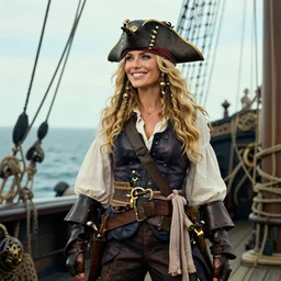 a fierce, smiling, beautiful, friendly, calm, blonde, well - dressed, steampunk, covered, armed, pirate captain, standing on the deck of her ship gazing at the horizon in 1 7 3 0, detailed.