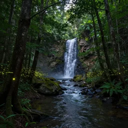 professional photograph of a forest of trees. little specs of fireflies and a river in between leading to a water fall, photo realism, perfect lighting