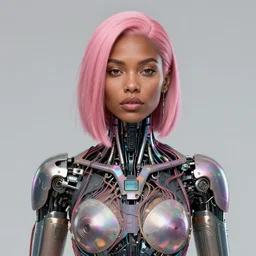 portrait of a beautiful brown woman with pink hair as a cyberpunk cyborg half robot, revealing wires and electronics, hooked - up, sci - fi, missing panels, intricate abstract upper body intricate artwork, concept art, octane render, deviantart, cinematic, key art, hyperrealism, iridescent accents, portrait photograph, nikon 3 5 mm, photograph by greg rutkowski