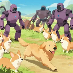 army of golden retriever dogs naruto running into mordor to fight an army of robot corgis