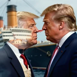 ultra realistic dslr photo of donald trump holding from behind jim carrey on the nose of the titanic ship