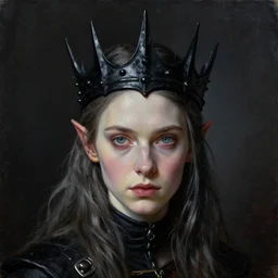 The portrait of Hunter Schafer in black wax crown by ARON WIESENFELD, dark fantasy, witcher, very detailed oil painting, masterpiece, 8k