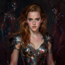 emma watson portrait, chrome, reflect, fantasy atmospheric lighting, painted, voluptuous, menacing, intricate, volumetric lighting, beautiful, rich deep colours masterpiece, sharp focus, ultra detailed, by leesha hannigan, ross tran, thierry doizon, kai carpenter, ignacio fernandez rios
