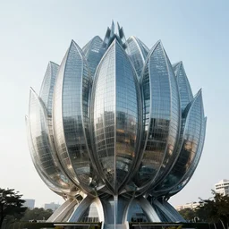futuristic glass lotus skyscraper by buckminster fuller and syd mead, intricate contemporary architecture, photo journalism, photography, cinematic, national geographic photoshoot