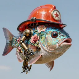 portrait of a fish with a fireman hat, robot steampunk, floral! horizon zero dawn machine, intricate, elegant, highly detailed, ray tracing, digital painting, artstation, concept art, clear sky, extremely detailed, fantasy, smooth, sharp focus, illustration, art by artgerm and greg rutkowski and alphonse mucha, 8 k