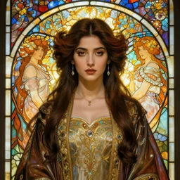 masterpiece head-on symmetrical centered painted portrait, Mahira Khan as a mage, ornate robes, glowing stained glass backdrop, elegant, in the style of Ruan Jia and Edgar Maxence and Ross Tran and Alphonse Mucha and Ayami Kojima and Charlie Bowater and Greg Rutkowski and Karol Bak and Jean Delville, Art Nouveau, 8k, specular highlights, octane render