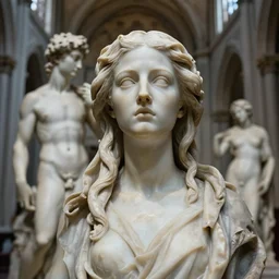 beautiful closeup portrait of a ethereal woman in a cathedral, marble sculpture by greg rutkowski, josan gonzalez, rodin, michelangelo, cinematography by christopher nolan, imaginative, creative, emotion : madness