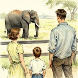 rear view of a young boy, a woman and a man, watching an elephant on the other side of a fence, sketch by norman rockwell